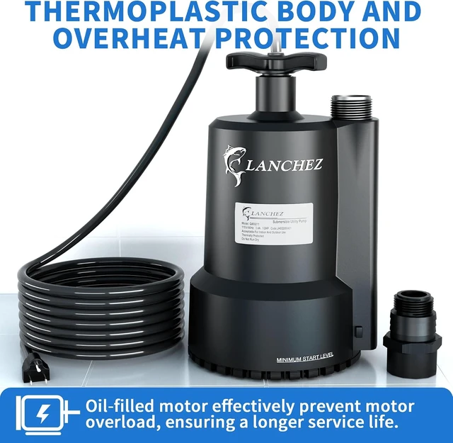Alt view image 6 of 7 - 1/2 HP 2450GPH Submersible Sump Pump, Thermoplastic Portable Utility Pump with 10FT Cord for Pools, Basements & Ponds