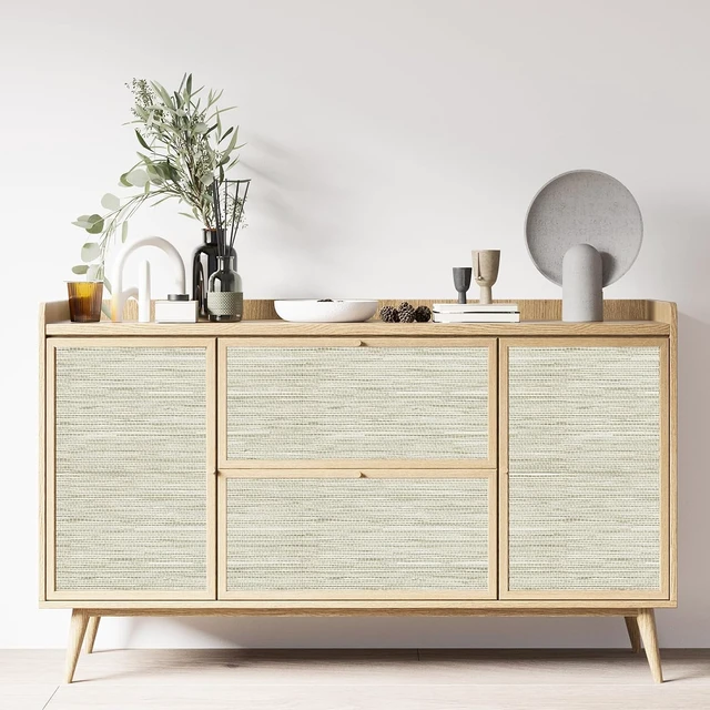 Alt view image 6 of 7 - 17.7"x394" Cream Textured Grasscloth Peel & Stick Wallpaper, Waterproof Faux Grassweave for Bedroom, Kitchen & Cabinet