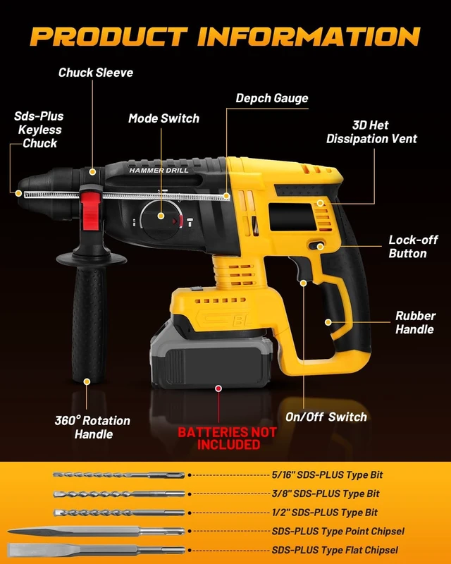 Alt view image 2 of 7 - Cordless SDS Hammer Drill for Dewalt 20V MAX, Brushless Rotary Hammer with Safety Clutch for Concrete & Masonry (No Battery)