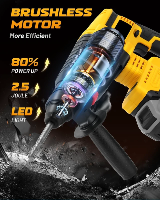 Alt view image 3 of 7 - Cordless SDS Hammer Drill for Dewalt 20V MAX, Brushless Rotary Hammer with Safety Clutch for Concrete & Masonry (No Battery)