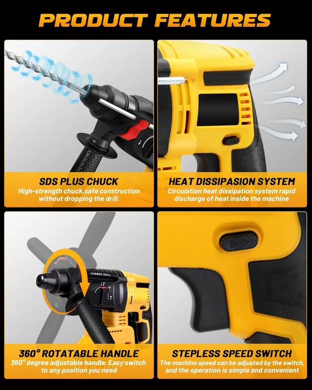 Alt view image 5 of 7 - Cordless SDS Hammer Drill for Dewalt 20V MAX, Brushless Rotary Hammer with Safety Clutch for Concrete & Masonry (No Battery)