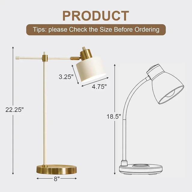 Alt view image 3 of 7 - 22.2" Modern Metal Desk Lamp with LED Bulb, Adjustable Mid Century Reading Lamp, Cream & Gold