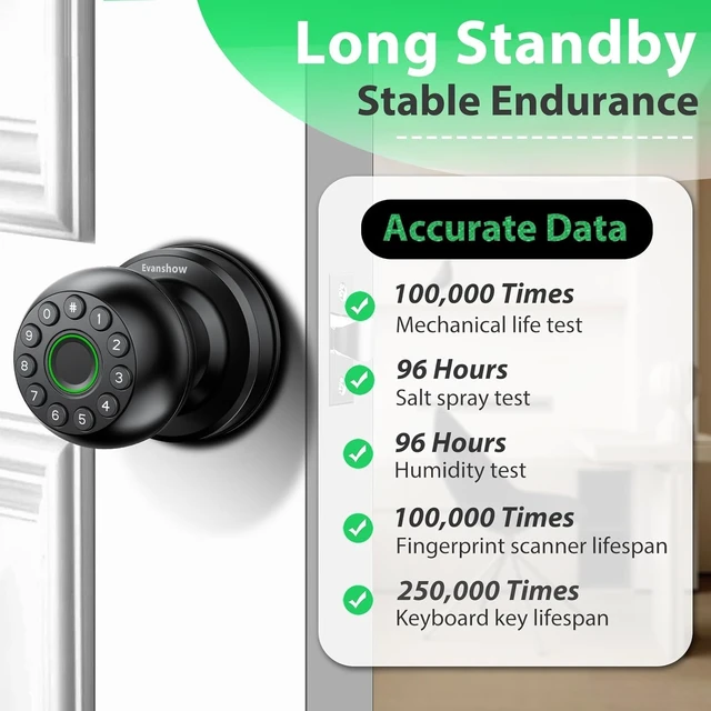 Alt view image 6 of 7 - 4-in-1 Smart Fingerprint Door Knob Lock (Fingerprint/App/Code/Key) with Auto-Lock, Easy Install (Black)