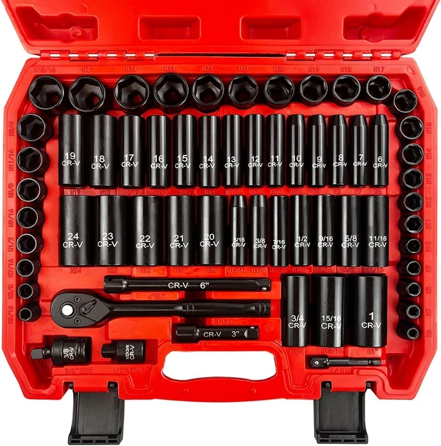 Main image of 64-PC 3/8" Drive Impact Socket Set, SAE/Metric 6-Point, Deep & Shallow Cr-V with 72T Ratchet, Extensions & Adapters