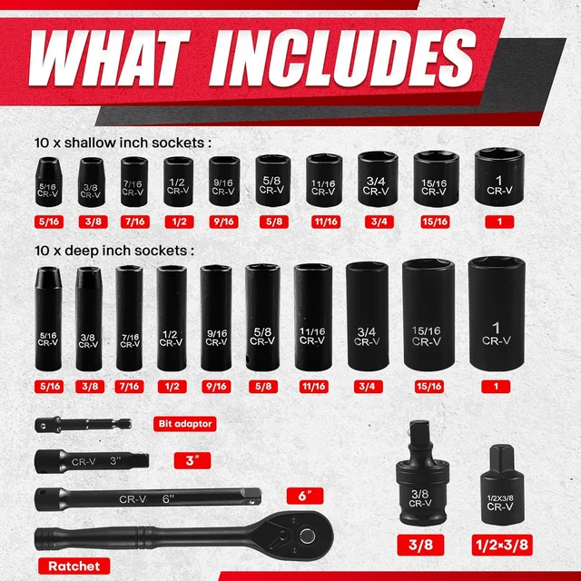 Alt view image 3 of 7 - 64-PC 3/8" Drive Impact Socket Set, SAE/Metric 6-Point, Deep & Shallow Cr-V with 72T Ratchet, Extensions & Adapters