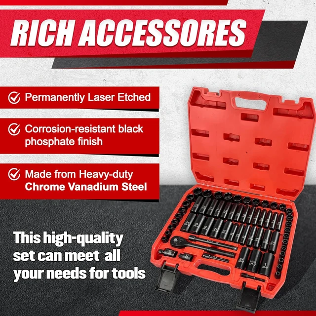 Alt view image 5 of 7 - 64-PC 3/8" Drive Impact Socket Set, SAE/Metric 6-Point, Deep & Shallow Cr-V with 72T Ratchet, Extensions & Adapters