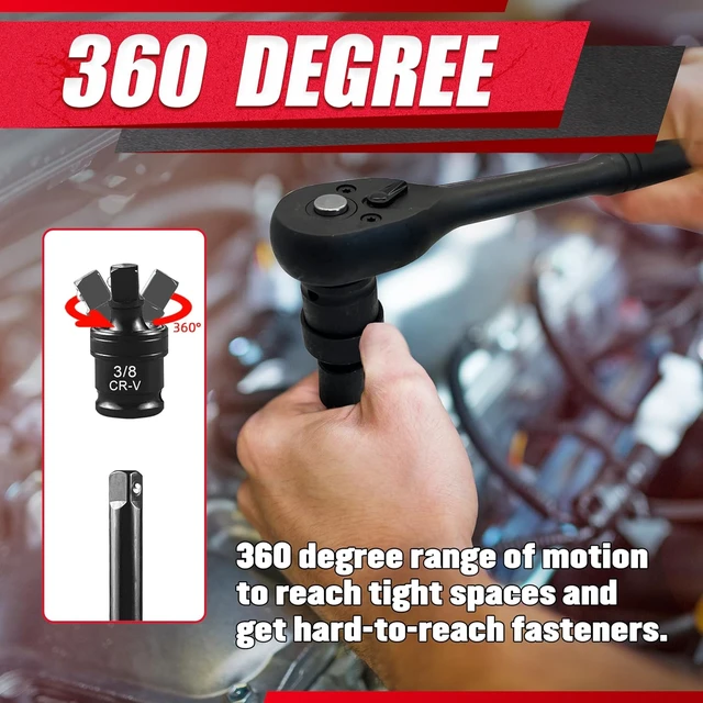 Alt view image 7 of 7 - 64-PC 3/8" Drive Impact Socket Set, SAE/Metric 6-Point, Deep & Shallow Cr-V with 72T Ratchet, Extensions & Adapters