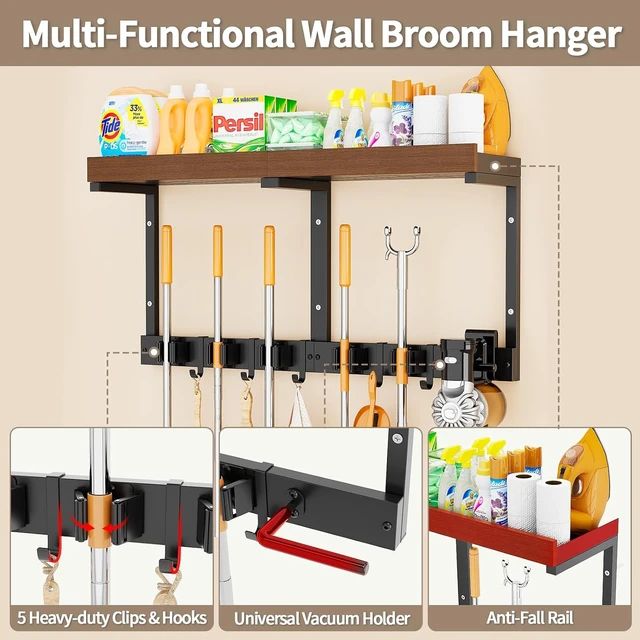 Alt view image 2 of 7 - Wall Mount Broom & Mop Organizer Hanger