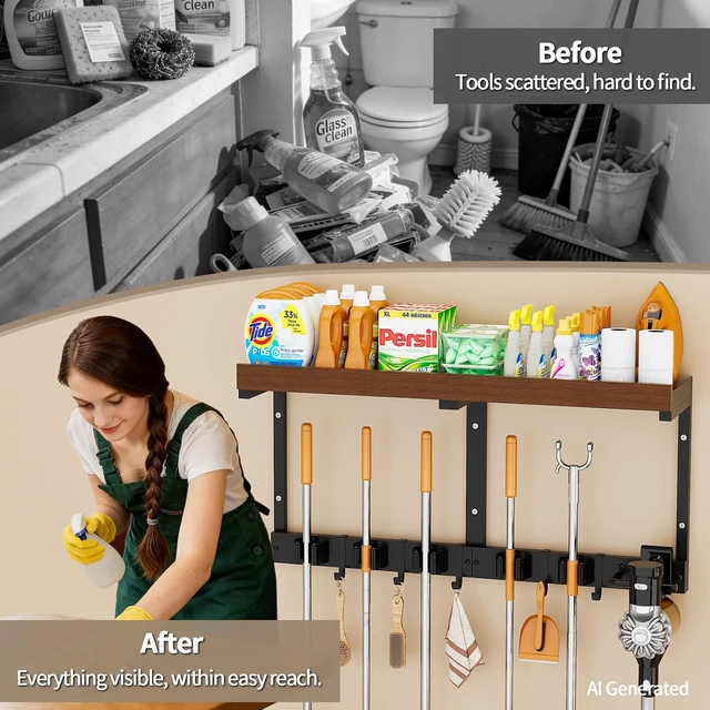 Alt view image 6 of 7 - Wall Mount Broom & Mop Organizer Hanger