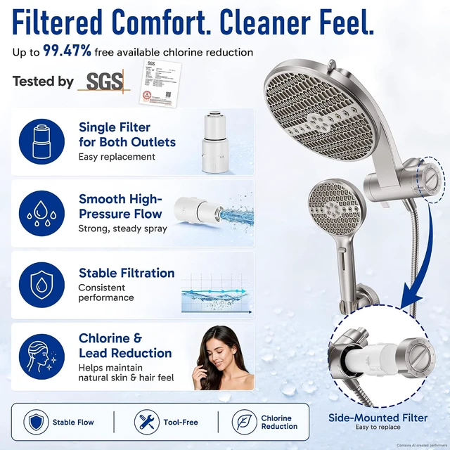 Alt view image 2 of 7 - Nickel Filtered Shower Head with Handheld, Multi-Pattern Spray