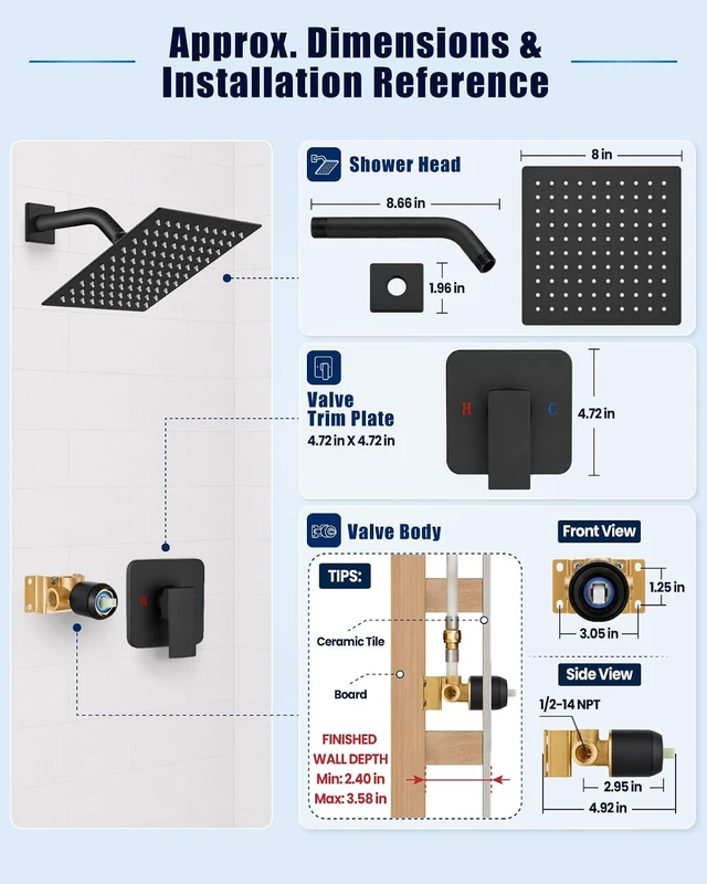 Alt view image 5 of 7 - 8 Inch Square Rain Shower Faucet Set with Valve (Matte Black)