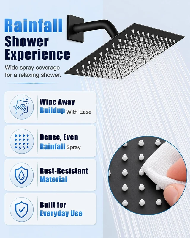 Alt view image 6 of 7 - 8 Inch Square Rain Shower Faucet Set with Valve (Matte Black)