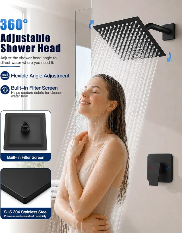 Alt view image 7 of 7 - 8 Inch Square Rain Shower Faucet Set with Valve (Matte Black)