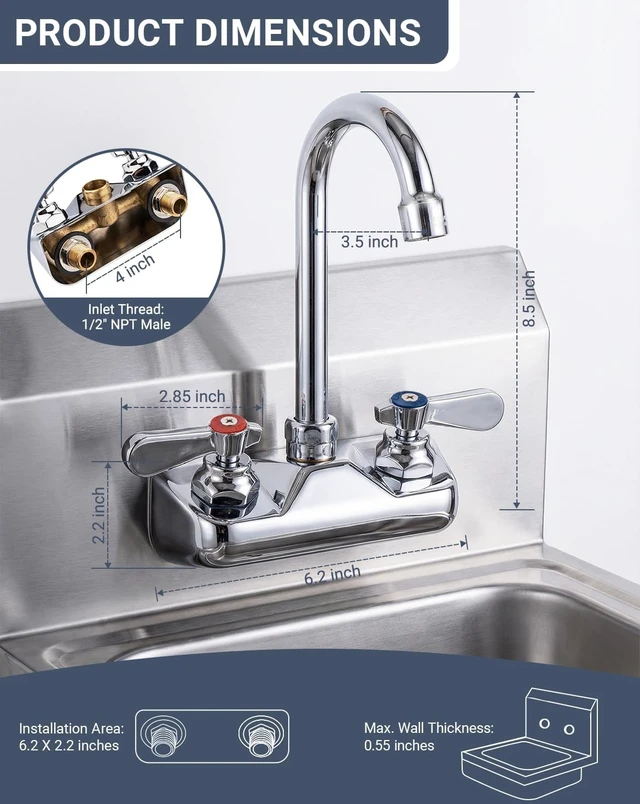 Alt view image 2 of 7 - 4" Center Wall Mount Commercial Sink Faucet with 3-1/2" Gooseneck Spout