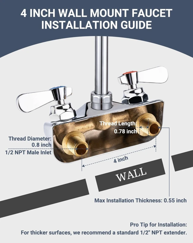 Alt view image 5 of 7 - 4" Center Wall Mount Commercial Sink Faucet with 3-1/2" Gooseneck Spout