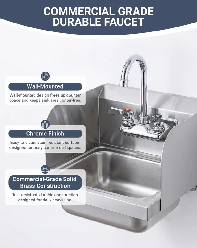 Alt view image 6 of 7 - 4" Center Wall Mount Commercial Sink Faucet with 3-1/2" Gooseneck Spout