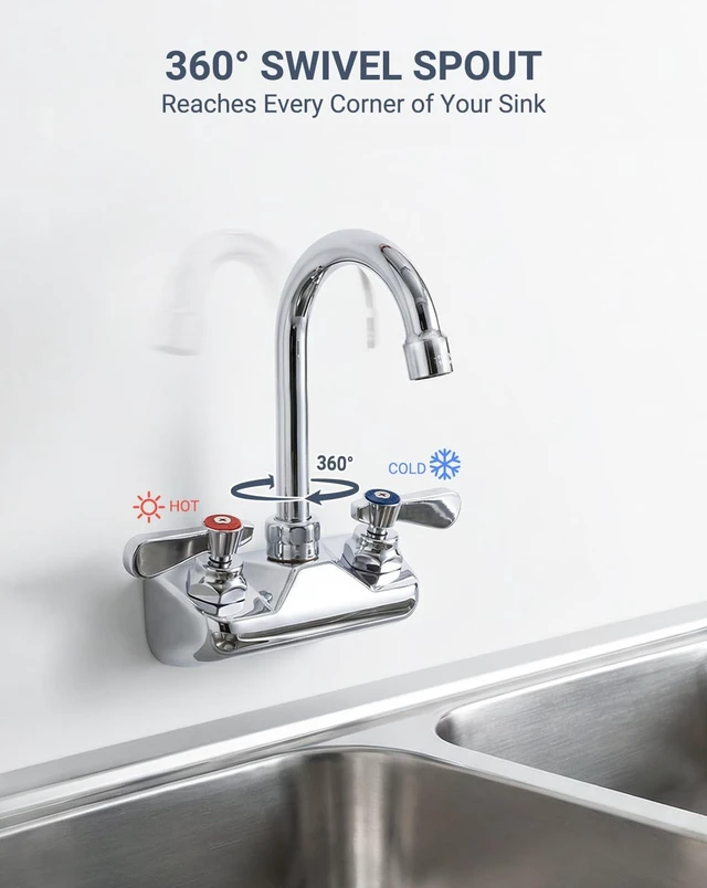 Alt view image 7 of 7 - 4" Center Wall Mount Commercial Sink Faucet with 3-1/2" Gooseneck Spout
