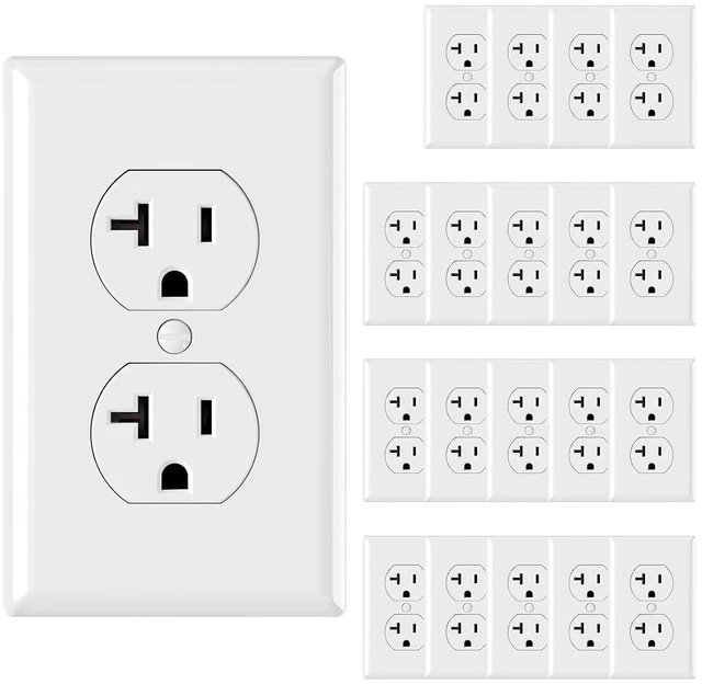 Main image of 20 Amp Duplex Electrical Receptacles, 125V Heavy-Duty, Self-Grounding, UL Listed with Wall Plates (20-Pack, White)