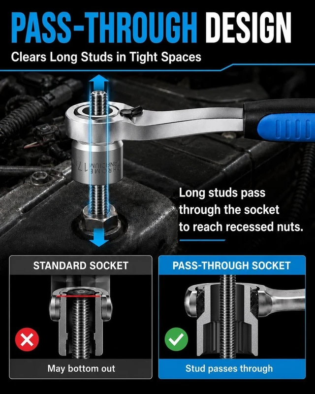 Alt view image 2 of 7 - 3/8 & 1/2 Drive Pass-Through Socket Set, 17-PC Metric Go-Thru Ratchet Kit, Low Profile Cr-V with Extension & Adapters