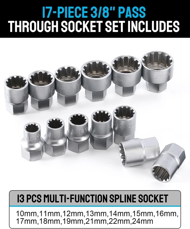 Alt view image 3 of 7 - 3/8 & 1/2 Drive Pass-Through Socket Set, 17-PC Metric Go-Thru Ratchet Kit, Low Profile Cr-V with Extension & Adapters