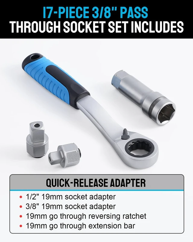 Alt view image 4 of 7 - 3/8 & 1/2 Drive Pass-Through Socket Set, 17-PC Metric Go-Thru Ratchet Kit, Low Profile Cr-V with Extension & Adapters