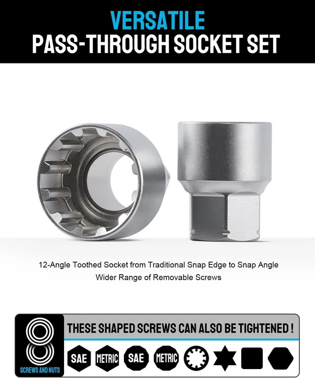 Alt view image 7 of 7 - 3/8 & 1/2 Drive Pass-Through Socket Set, 17-PC Metric Go-Thru Ratchet Kit, Low Profile Cr-V with Extension & Adapters