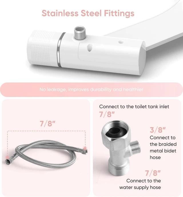 Alt view image 3 of 4 - Ultra-Slim Non-Electric Bidet Attachment with Retractable Dual Nozzles, Posterior & Feminine Wash, Stainless Steel Inlet (White)