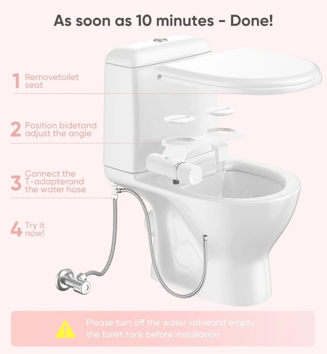 Alt view image 4 of 4 - Ultra-Slim Non-Electric Bidet Attachment with Retractable Dual Nozzles, Posterior & Feminine Wash, Stainless Steel Inlet (White)