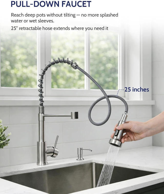 Alt view image 3 of 7 - Brushed Nickel Pull-Down Kitchen Faucet with Soap Dispenser