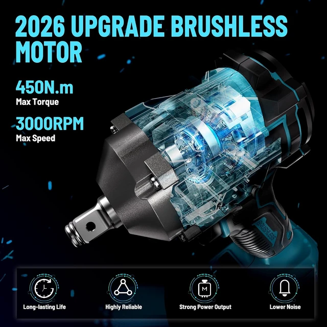 Alt view image 2 of 7 - 450N.m/332Ft-lbs Brushless Impact Wrench, 1/2" Cordless Gun with 4.0Ah Battery & 4 Sockets for Car & DIY