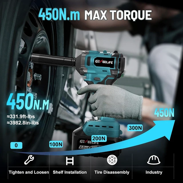 Alt view image 3 of 7 - 450N.m/332Ft-lbs Brushless Impact Wrench, 1/2" Cordless Gun with 4.0Ah Battery & 4 Sockets for Car & DIY