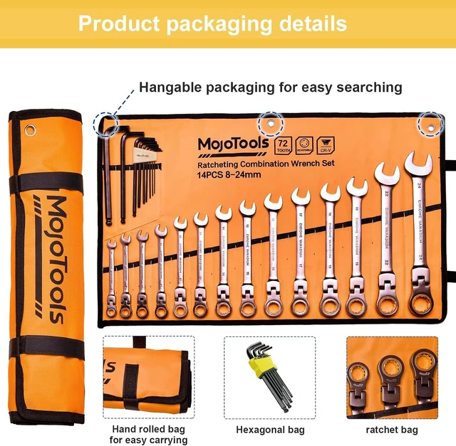 Alt view image 5 of 7 - 8-24mm Flex Head Metric Ratcheting Wrench Set, 23-Piece Cr-V Kit