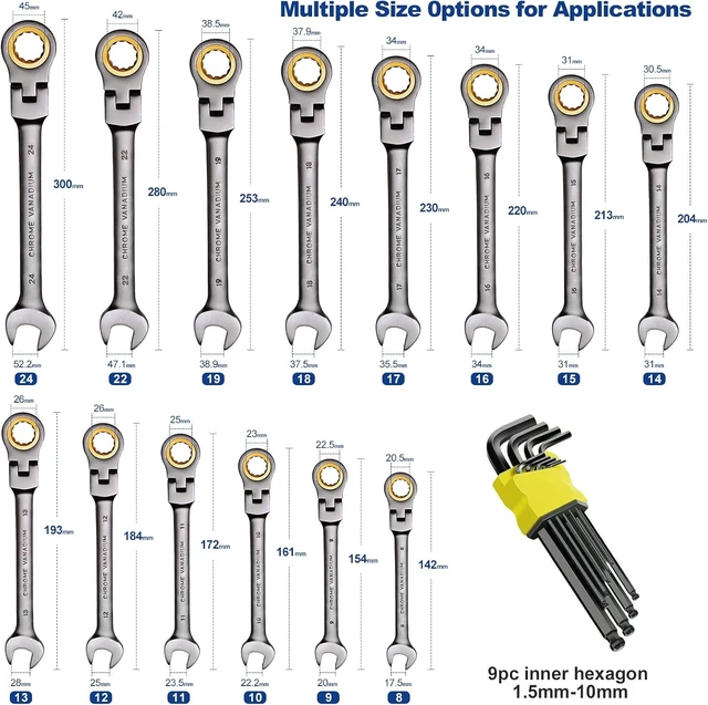 Alt view image 6 of 7 - 8-24mm Flex Head Metric Ratcheting Wrench Set, 23-Piece Cr-V Kit