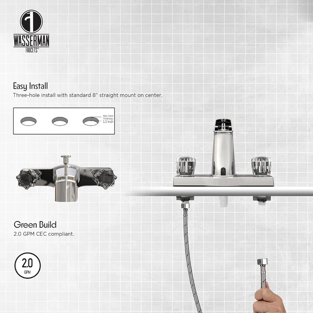 Alt view image 2 of 7 - WMF 8 Inch Offset Mobile Home Tub Faucet with Diverter, Double Handle Chrome, 3 Hole for Trailer & Camper