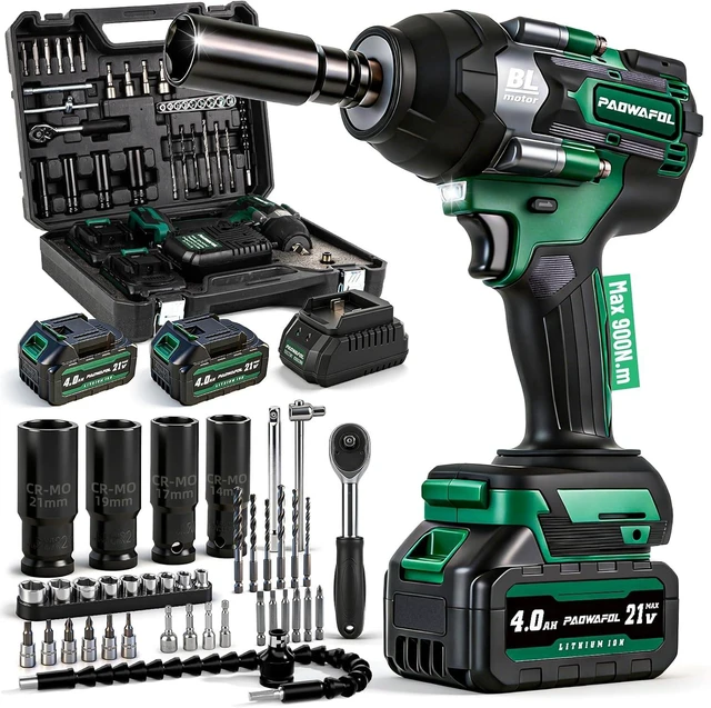 Main image of 664 Ft-lbs (900N.m) Impact Wrench, 1/2" Gun with 21V 2x4.0AH Battery, 22 Drill Bits & 4 Sockets