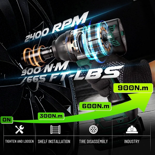 Alt view image 2 of 6 - 664 Ft-lbs (900N.m) Impact Wrench, 1/2" Gun with 21V 2x4.0AH Battery, 22 Drill Bits & 4 Sockets