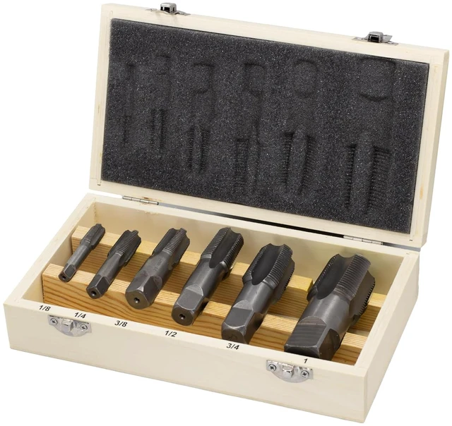 Main image of DWTPT1/8-1SET 6-Piece NPT Pipe Tap Set, Carbon Steel, 1/8"-1" in Wooden Case