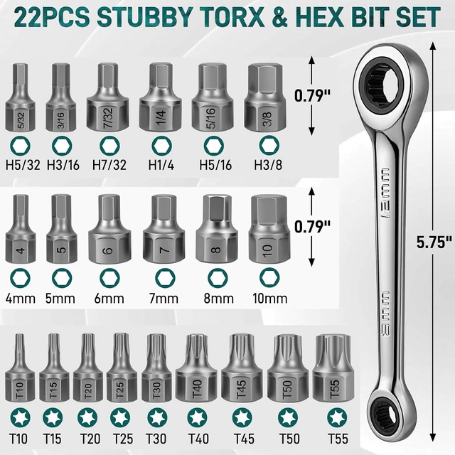 Alt view image 2 of 7 - 22-Piece Stubby Torx/Hex Bit Set with Ratchet Wrench