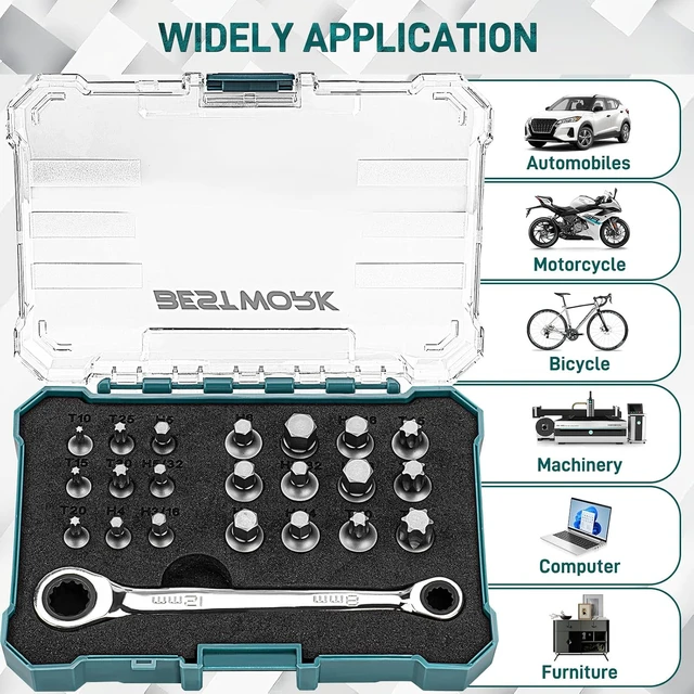Alt view image 6 of 7 - 22-Piece Stubby Torx/Hex Bit Set with Ratchet Wrench