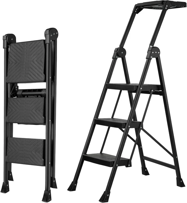 Main image of 3-Step Heavy Duty Steel Step Stool with Foldable Handrail & Tool Tray
