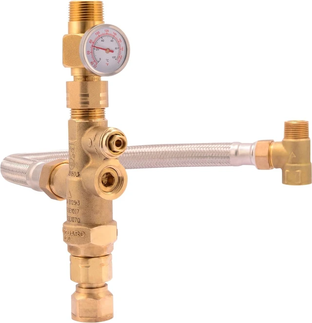 Main image of 3/4 Inch Tank Booster Water Heater with Thermostatic Mixing Valve, Gauge & Braided Hose for PEX, CPVC & Copper, 24644