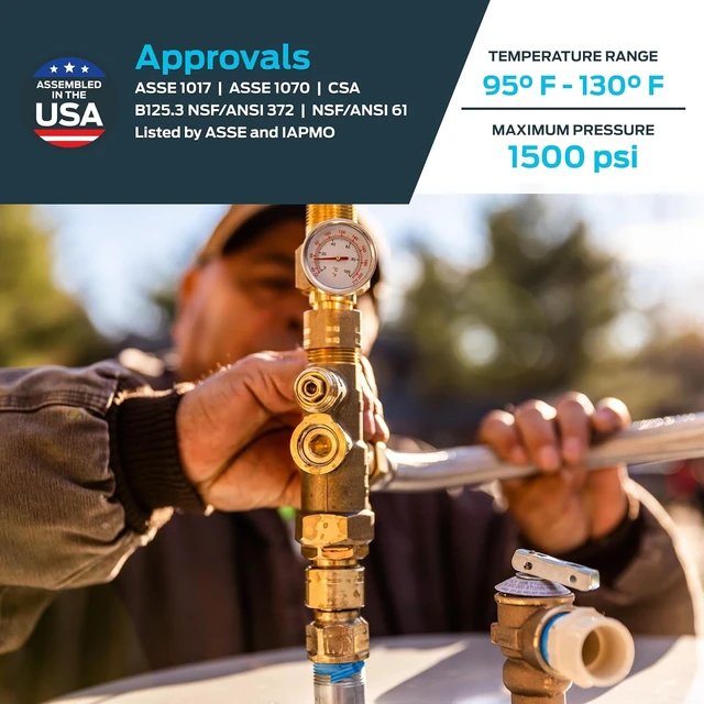 Alt view image 4 of 6 - 3/4 Inch Tank Booster Water Heater with Thermostatic Mixing Valve, Gauge & Braided Hose for PEX, CPVC & Copper, 24644