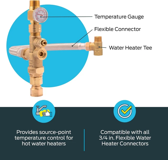 Alt view image 5 of 6 - 3/4 Inch Tank Booster Water Heater with Thermostatic Mixing Valve, Gauge & Braided Hose for PEX, CPVC & Copper, 24644