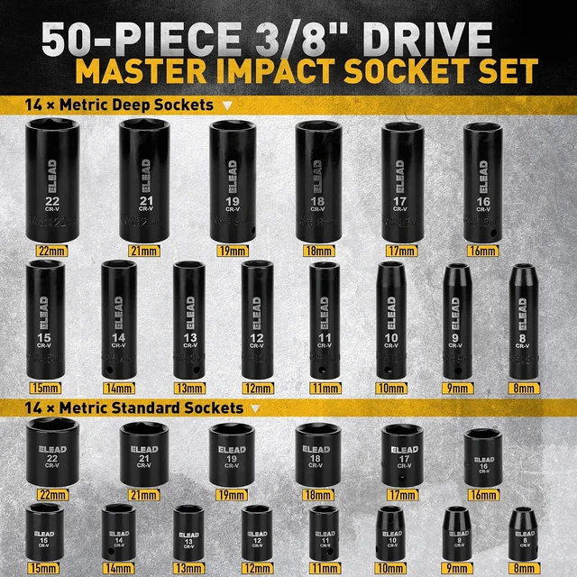 Alt view image 2 of 7 - 3/8" Drive Impact Socket Set, 50-PC SAE (5/16"-3/4") & Metric (8-22mm), 6-Point CR-V Deep & Shallow with Ratchet