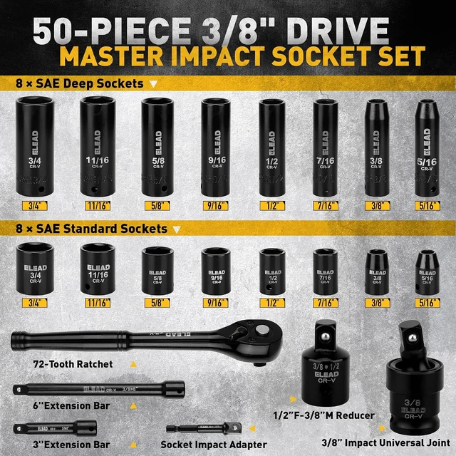 Alt view image 3 of 7 - 3/8" Drive Impact Socket Set, 50-PC SAE (5/16"-3/4") & Metric (8-22mm), 6-Point CR-V Deep & Shallow with Ratchet