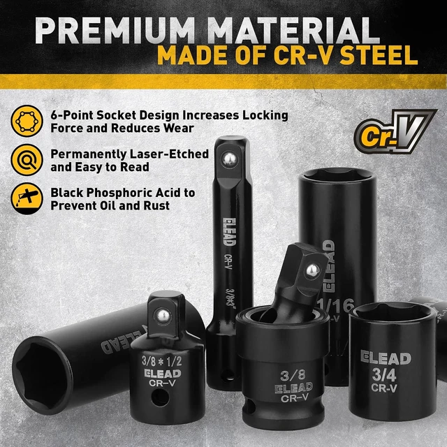 Alt view image 4 of 7 - 3/8" Drive Impact Socket Set, 50-PC SAE (5/16"-3/4") & Metric (8-22mm), 6-Point CR-V Deep & Shallow with Ratchet