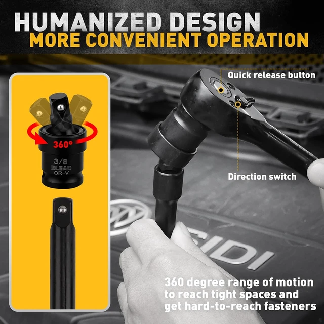 Alt view image 5 of 7 - 3/8" Drive Impact Socket Set, 50-PC SAE (5/16"-3/4") & Metric (8-22mm), 6-Point CR-V Deep & Shallow with Ratchet