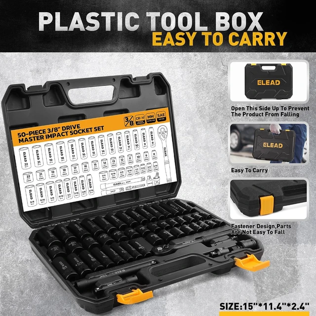 Alt view image 7 of 7 - 3/8" Drive Impact Socket Set, 50-PC SAE (5/16"-3/4") & Metric (8-22mm), 6-Point CR-V Deep & Shallow with Ratchet