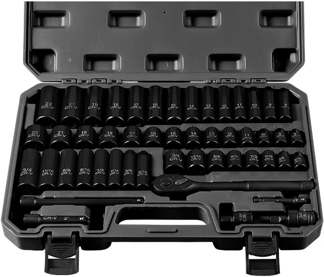 Main image of 3/8" Drive Impact Socket Set, 50-PC SAE (5/16-3/4) & Metric (8-22mm), 6-Point Cr-V Deep & Shallow with Ratchet
