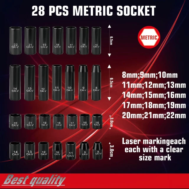 Alt view image 2 of 7 - 3/8" Drive Impact Socket Set, 50-PC SAE (5/16-3/4) & Metric (8-22mm), 6-Point Cr-V Deep & Shallow with Ratchet